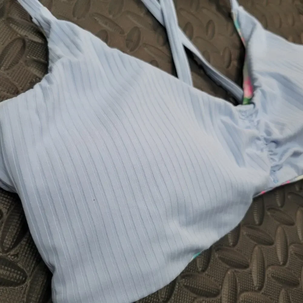 Celebrity Pink Reversible Bikini Top XL Floral Blue Ribbed Swim Top NWT Resort